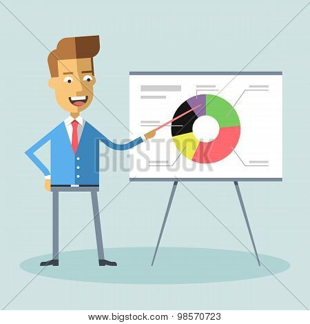 Handsome manager gives presentation shows diagram