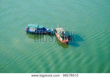 Boats on the sea from high view in Halong bay, Vietnam.