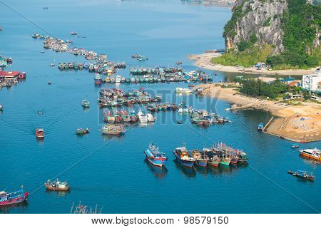 Boats on the sea from high view in Halong bay, Vietnam.