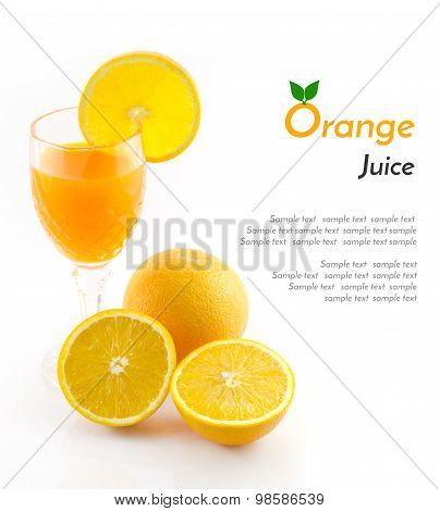 Orange Juice And Slice Isolated On White With Sample Text