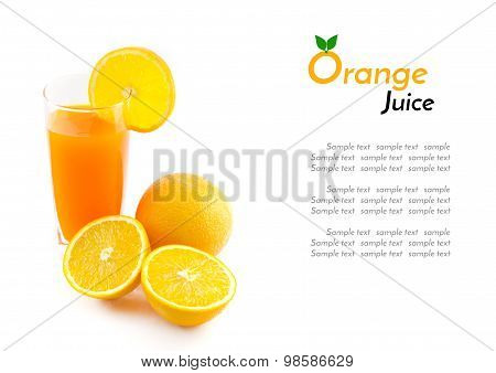 Orange Juice And Slice Isolated On White With Sample Text