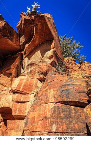 Ancient Indian petroglyphs on a rock face near Cottonwood, Arizona