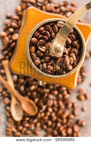 Coffee Beans And Antique Coffee Grinder