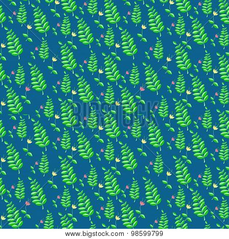 Delicate floral seamless pattern in bright green and dark green colors on a dark blue background.