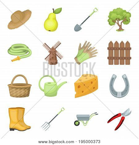 Mill, gloves, fence and other farm equipment. Farm and gardening set collection icons in cartoon style vector symbol stock illustration.