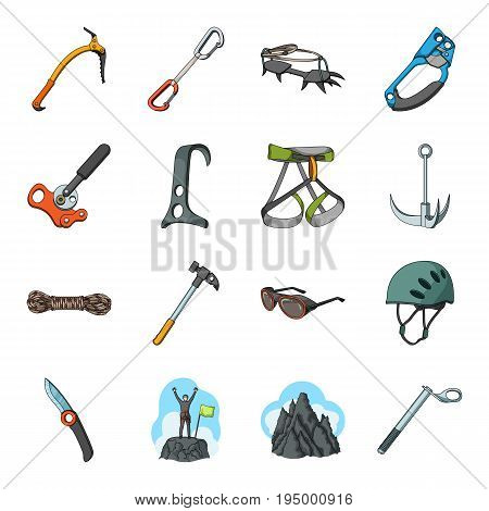 Ice ax, conquered top, mountains in the clouds and other equipment for mountaineering.Mountaineering set collection icons in cartoon style vector symbol stock illustration .