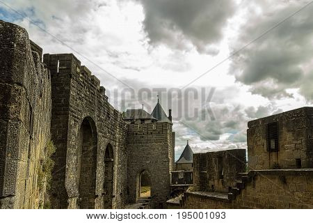 Image of wall and towers in Carcassonne fortified town in France.