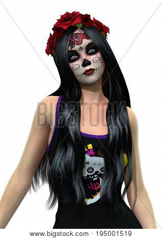 3D rendering of a suger skull girl isolated on white background