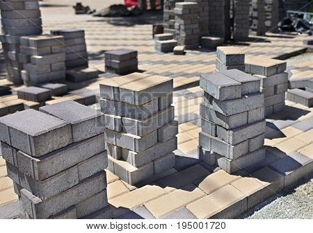Stack of paving slabs on the construction site for equipping the city street pavement