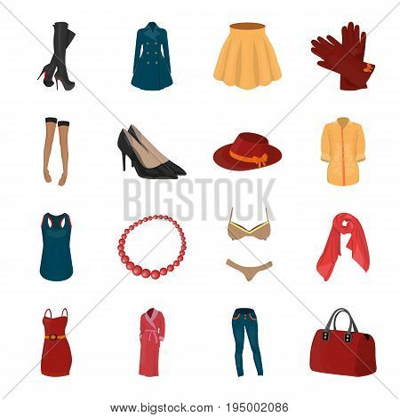 Dress, bra, shoes, women's clothing. Women's clothing set collection icons in cartoon style vector symbol stock illustration .