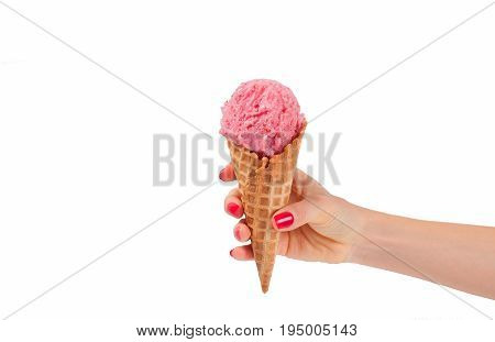 Hand Holding Strawberry Ice Cream Cone On White Background