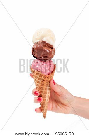 Chocolate, Vanilla And Strawberry Ice Cream Cone On White Background