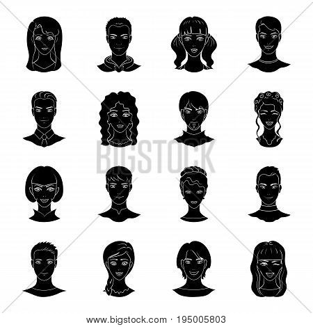 Set of different avatars girls and men. Avatar and face icon in set collection on black style vector symbol stock web illustration.