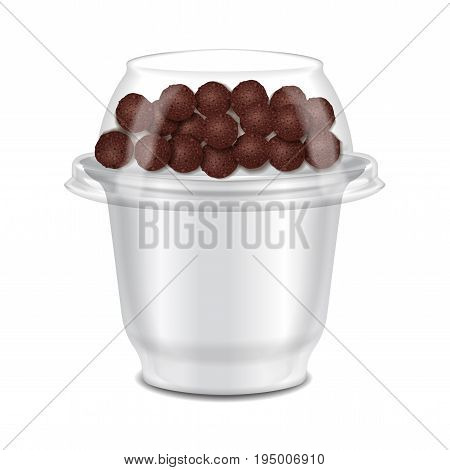 Round glossy plastic pot for sour cream, yogurt, jam, dessert. With topper with chocolate crunchies. Realistic packaging mockup template for your design