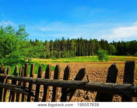 Rural landscape, Old wooden fence in the country, Belarus - May 2017