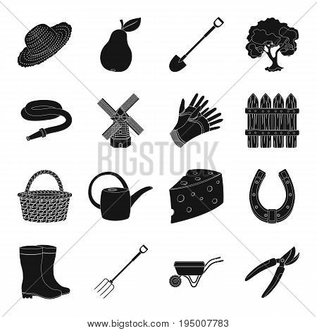 Mill, gloves, fence and other farm equipment. Farm and gardening set collection icons in black style vector symbol stock illustration.