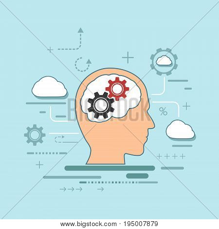 Silhouette of a human head with gears inside. Use the brain for creativity, innovation and thinking. Stock vector illustration in flat graphic style.