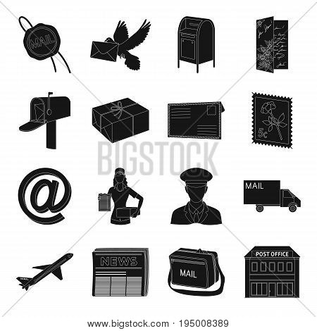 Postman, envelope, mail box and other attributes of postal service.Mail and postman set collection icons in black style vector symbol stock illustration .