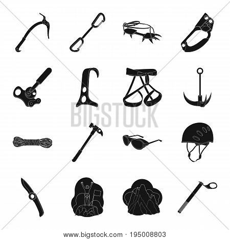 Ice ax, conquered top, mountains in the clouds and other equipment for mountaineering.Mountaineering set collection icons in black style vector symbol stock illustration .