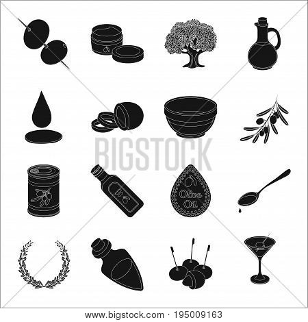 Olives, tree, branch and other products from olives.Olives set collection icons in black style vector symbol stock illustration .