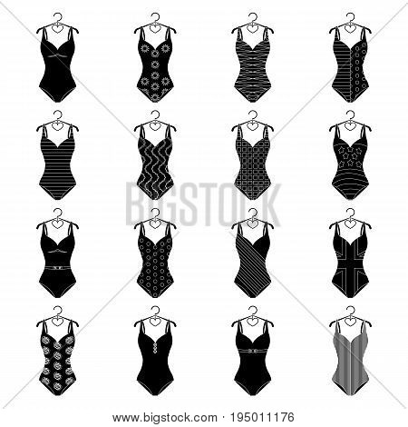 To relax on the beach, a pool of colorful swimsuits. Swimsuits set collection icons in black style vector symbol stock illustration .