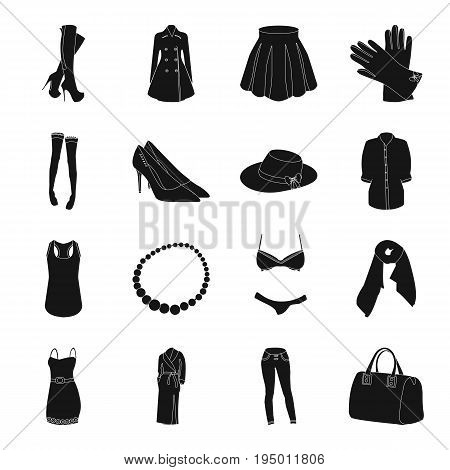 Dress, bra, shoes, women's clothing. Women's clothing set collection icons in black style vector symbol stock illustration .