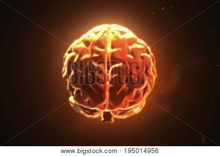Big Strong Brain Pulsing In Orange 3D Illustration