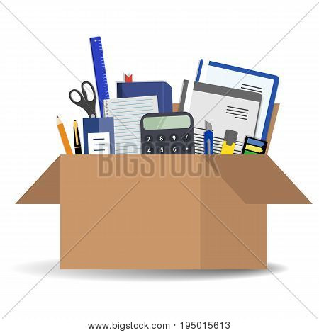 Office accessories in a cardboard box isolated on a white background. There is a calculator, folders, scissors, ruler, pen, marker and other stationery in the picture. Vector illustration