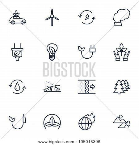 Set Of 16 Ecology Outline Icons Set.Collection Of Fuel, Landscape, Ecol Elements.
