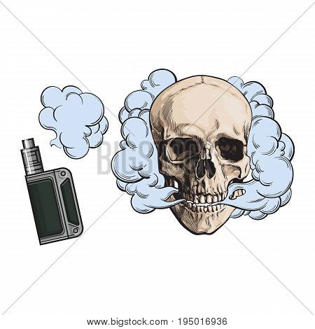 Smoke coming out of fleshless skull and vape, vaping device, sketch style vector illustration isolated on white background. Hand drawn smoking skull and smoke coming out of vaping device