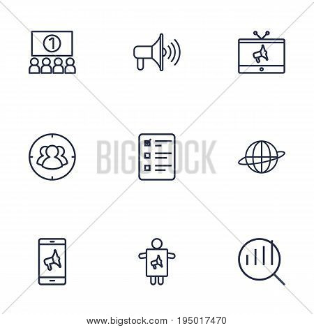 Set Of 9 Advertising Outline Icons Set.Collection Of Audience, Tv, Promotion And Other Elements.