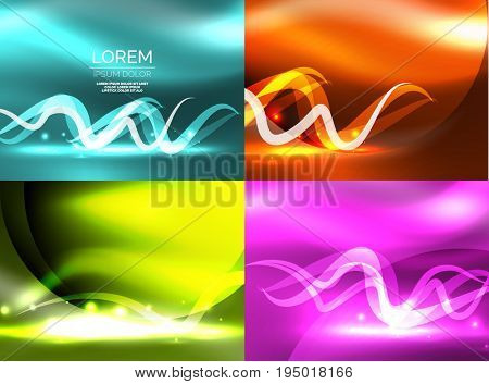 Set of glowing shiny wave backgrounds, energy concept illustrations