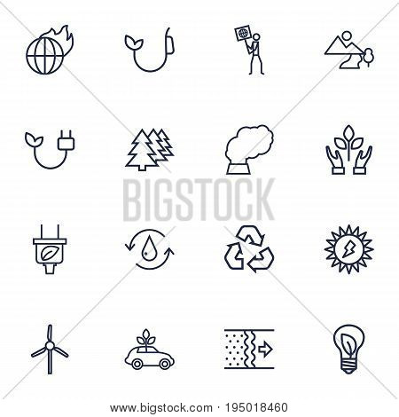 Set Of 16 Atmosphere Outline Icons Set.Collection Of Electricity, Nature, Ecol And Other Elements.