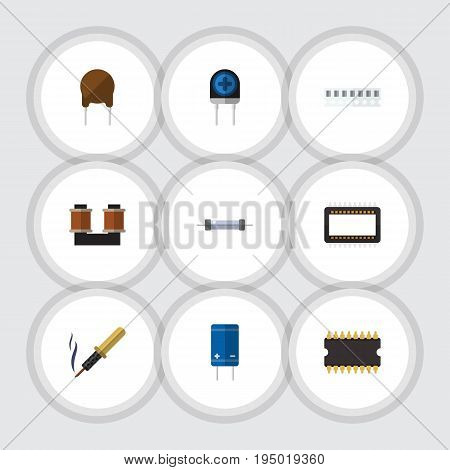 Flat Icon Device Set Of Transistor, Transducer, Triode And Other Vector Objects. Also Includes Soldering, Electronics, Mainframe Elements.