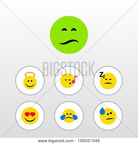Flat Icon Face Set Of Angel, Cold Sweat, Descant And Other Vector Objects. Also Includes Angel, Eyes, Frown Elements.