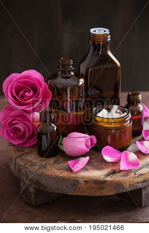 Essential oil and rose flowers aromatherapy spa perfumery