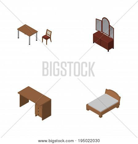 Isometric Design Set Of Drawer, Bedstead, Chair And Other Vector Objects. Also Includes Desk, Furniture, Table Elements.