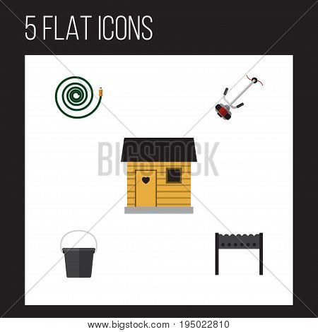 Flat Icon Dacha Set Of Pail, Stabling, Barbecue And Other Vector Objects. Also Includes Cutter, Mower, Hose Elements.