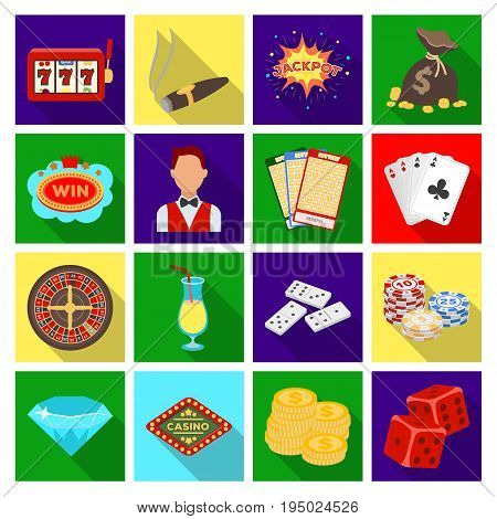 Roulette, cards, croupier, alcohol, and other attributes. Casino and gambling set collection icons in flat style vector symbol stock illustration .