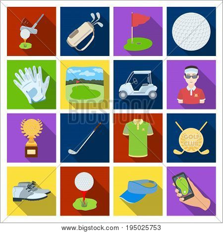 A golfer, a ball, a club and other golf attributes.Golf club set collection icons in flat style vector symbol stock illustration .