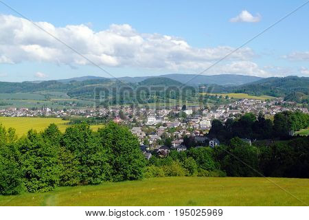 View from the lookout tower on the hill Brusna towards the village Bludov, Czech Republic
