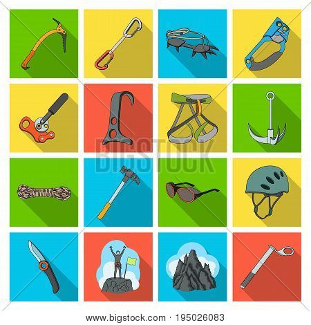 Ice ax, conquered top, mountains in the clouds and other equipment for mountaineering.Mountaineering set collection icons in flat style vector symbol stock illustration .