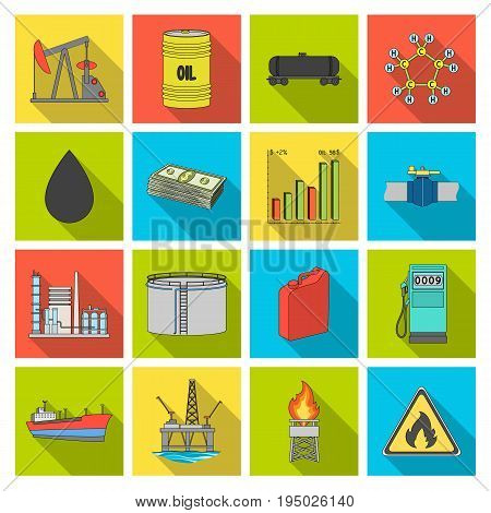 Oil rig, pump and other equipment for oil recovery, processing and storage.Oil set collection icons in flat style vector symbol stock illustration .