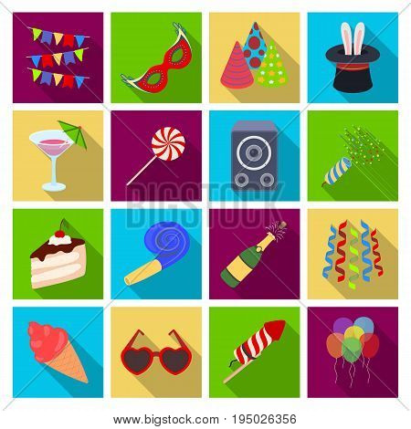Champagne, firecrackers, cake items for the holiday.Party And Parties set collection icons in flat style vector symbol stock illustration .