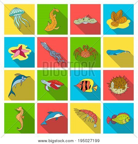 Sea animals set icons in flat design. Big collection of sea animals vector symbol stock illustration