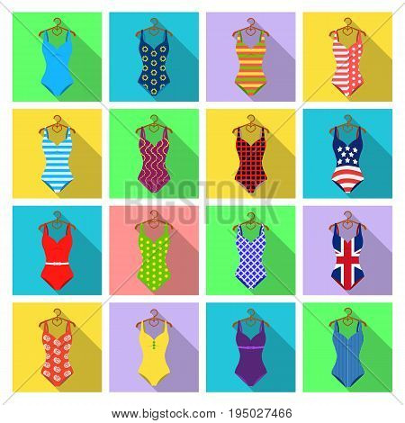 To relax on the beach, a pool of colorful swimsuits. Swimsuits set collection icons in flat style vector symbol stock illustration .