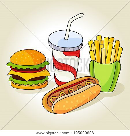 Fast food set. Hamburger french fries hot dog and soft drink in cup with straw. Vector illustration for your cute design.