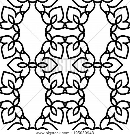 Black and white background. Regular pattern with Moroccan-styled floral elements. Vector seamless repeat.