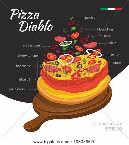 Vector illustration of tasty hot Pizza Diablo on wooden board. Falling ingredients. Traditional Italian recipe. Infographic creative design. Fastfood isolated on black and white background