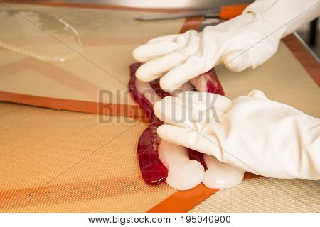 Sweets artisanal production of fruits loly pop at the factory. Close up of the hands of the employee stretching the sugar to make butterscotch fruits candies. Artisanal production in France